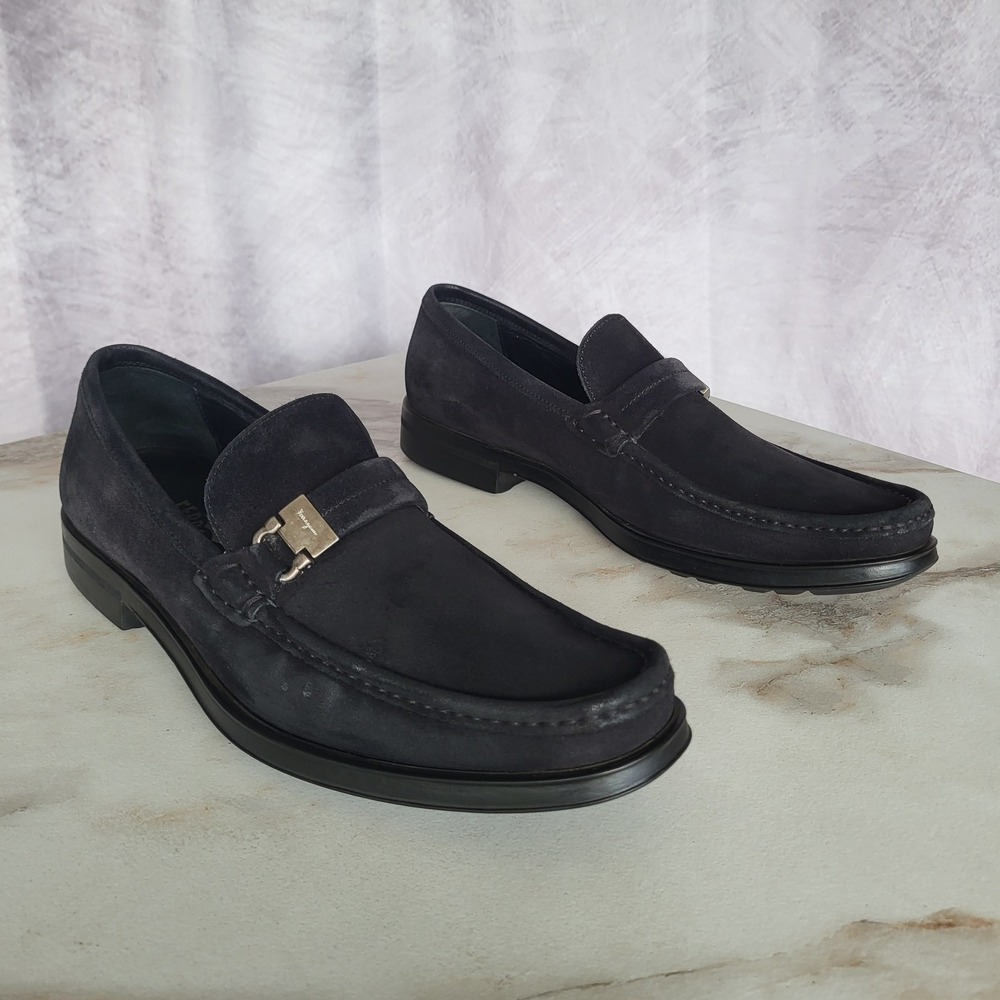Salvatore Ferragamo Silver Tone Gancini Bit Moc Toe Loafers Black Size 10 D Mens